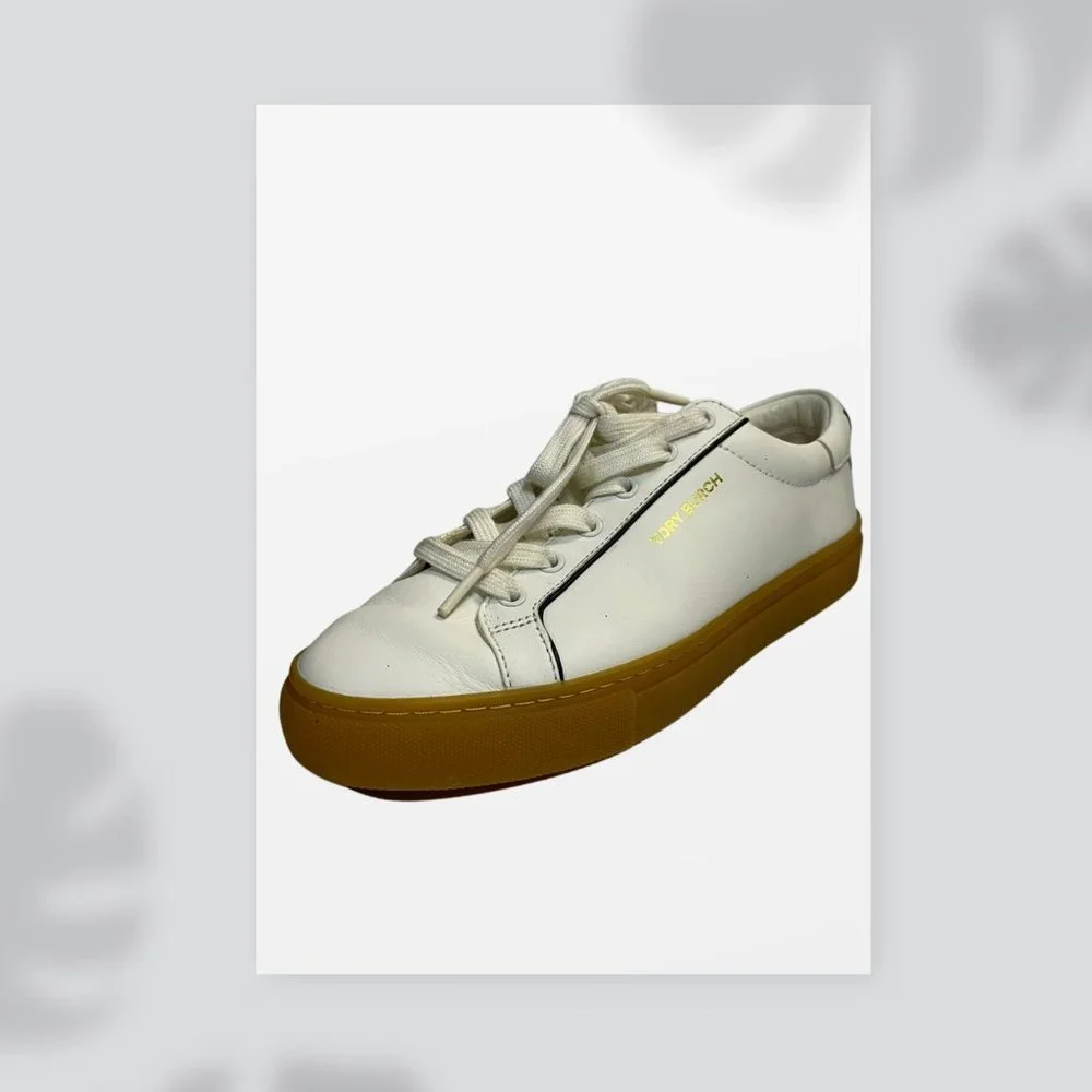 Tory Burch White Leather Olive Gum Sole Court Sneaker in White/Black, Size 7.5 - Picture 1 of 4